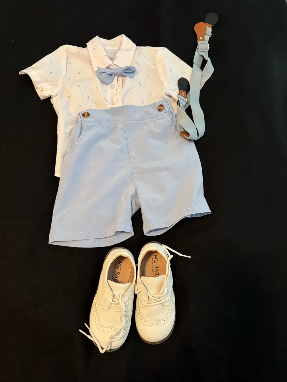 Boys Light Blue Shorts & Shirt Set with Bow Tie and suspenders + Shoes